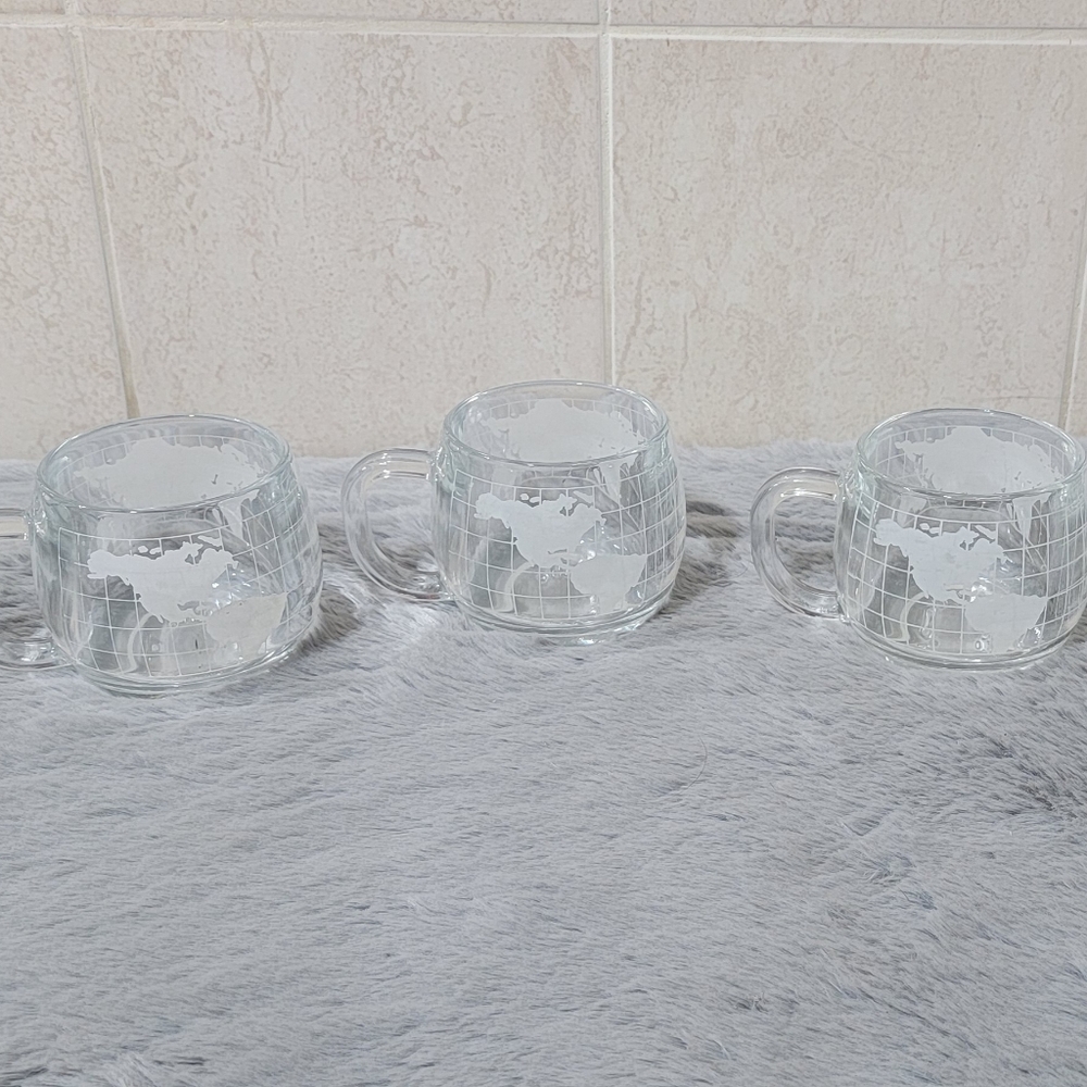 3 Vintage 1970's Nestle Nescafe Clear Glass Globe World Cups Mug Coffee Tea